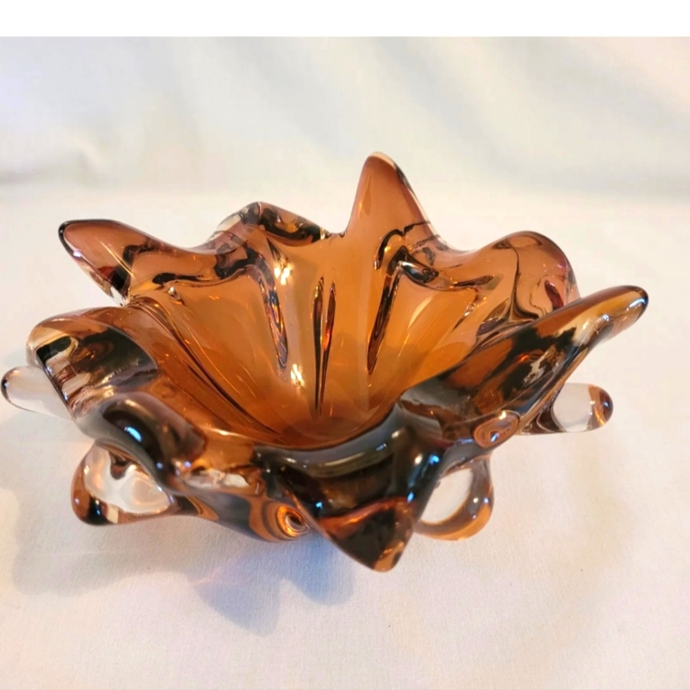 Vintage MCM Murano Style Amber Purple with Clear edges Bowl Heavy Retro Piece